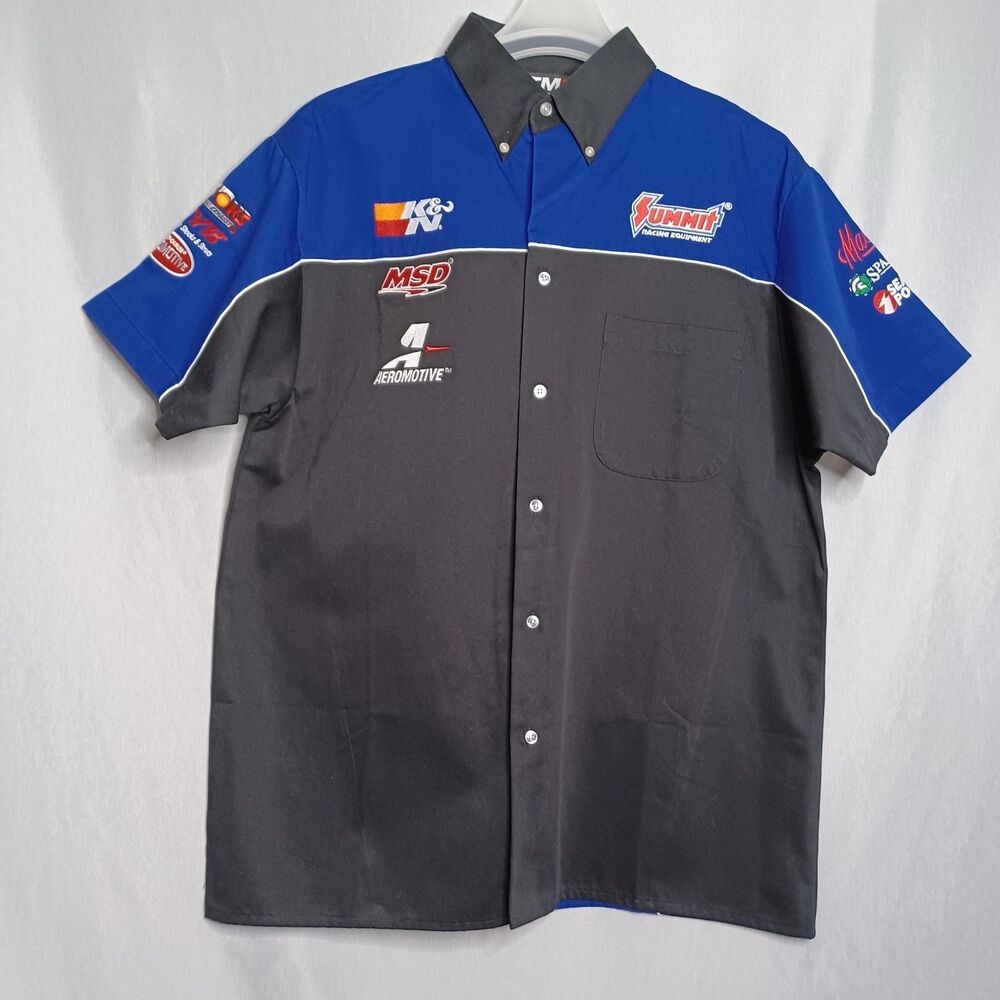 Tri-Mountain Racewear Shirt Mens Large Blue Black Summit Racing Snap Button Up